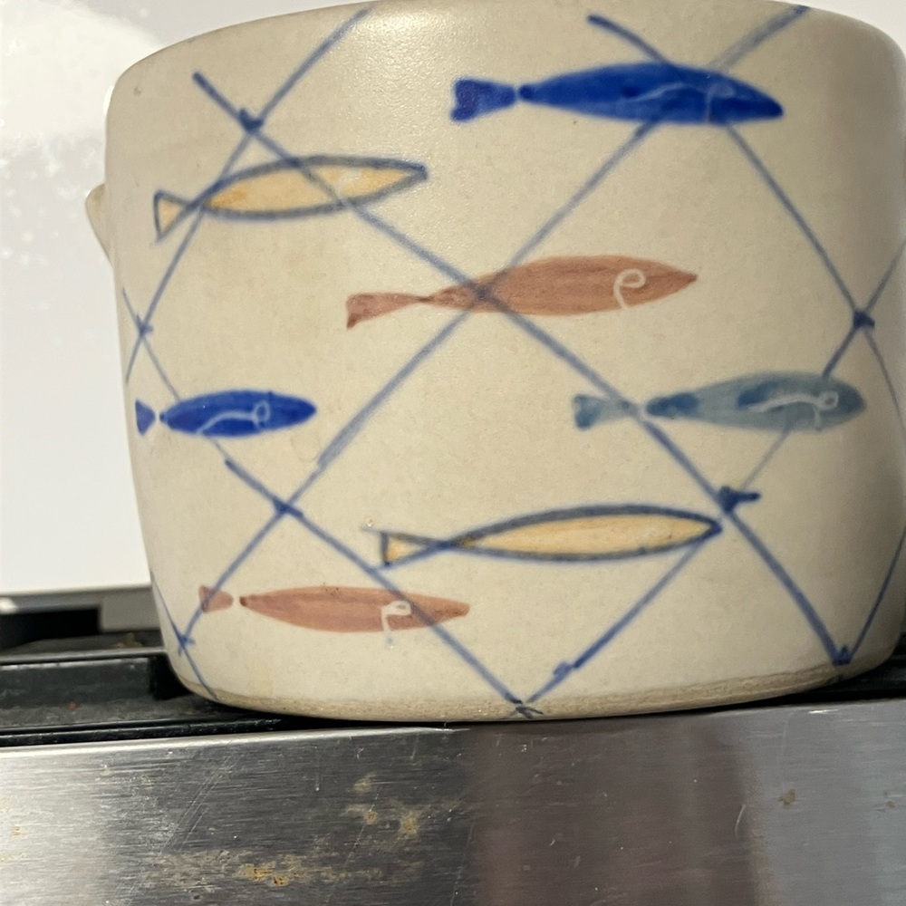 Goss Stonewear handmade art pottery from Vermont Ceramic Jar with Aquatic Design